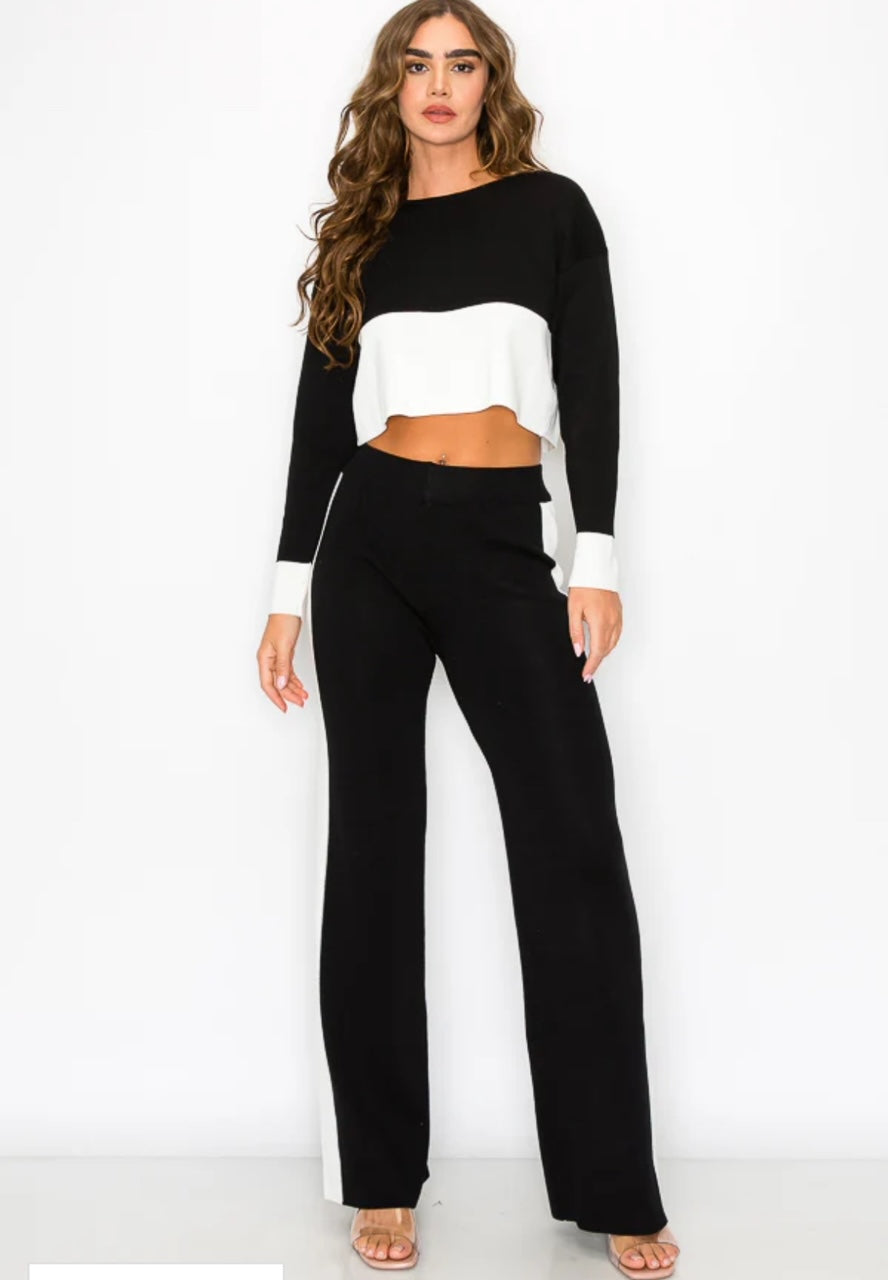 Color Block Knit Top And Bottom Set