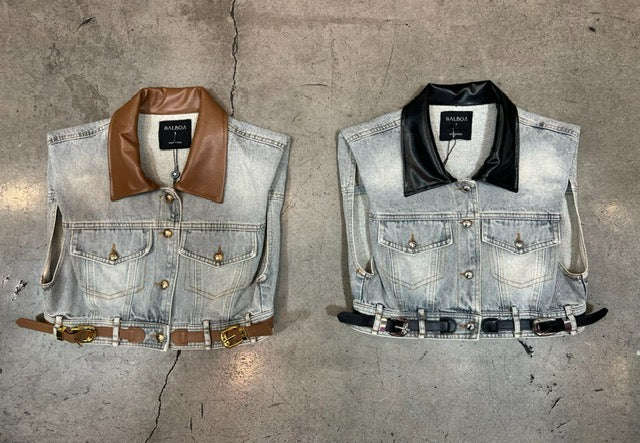 CONTRAST FAUX LEATHER WITH DENIM VEST