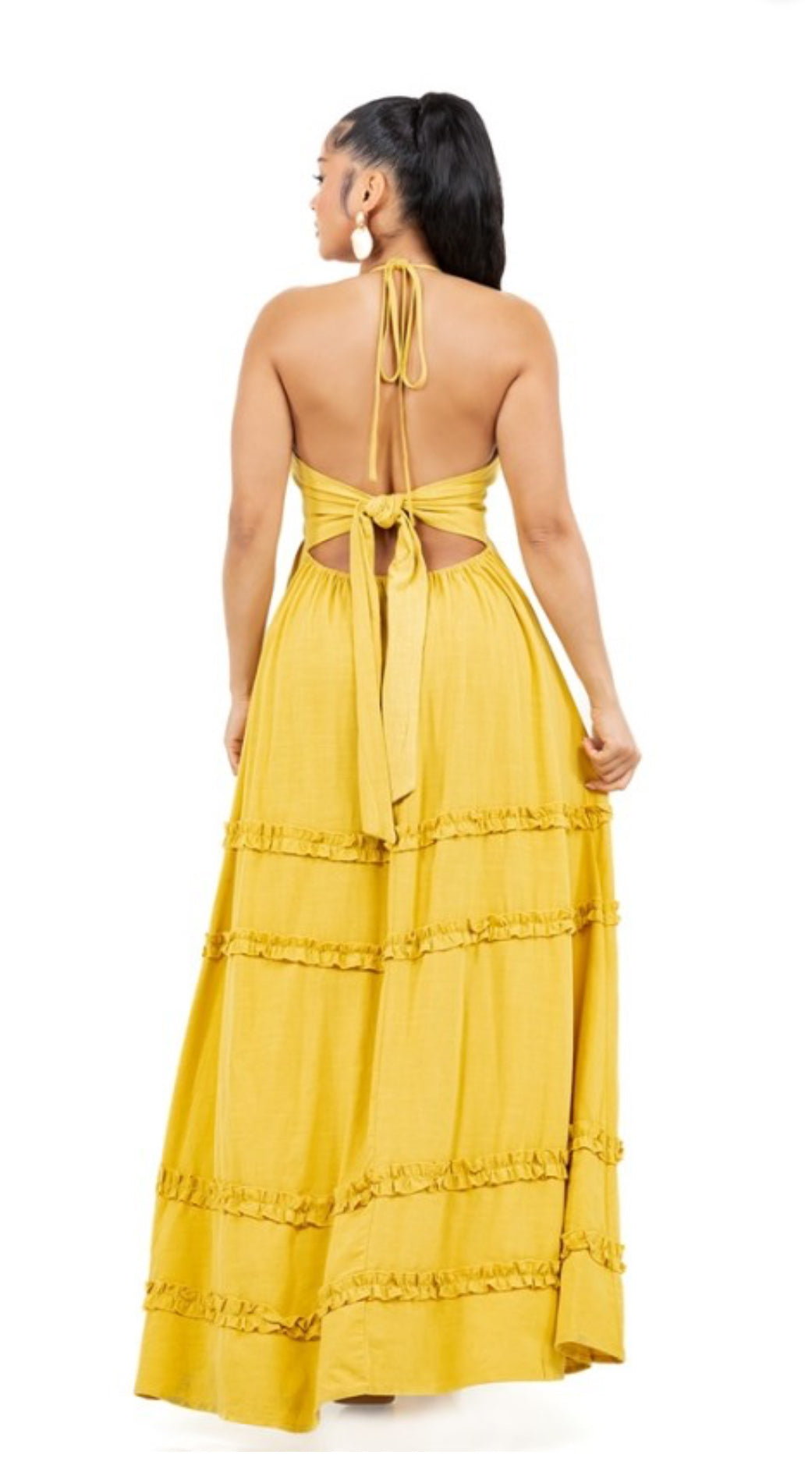 Solid ruffle halter deep v-neck maxi dress