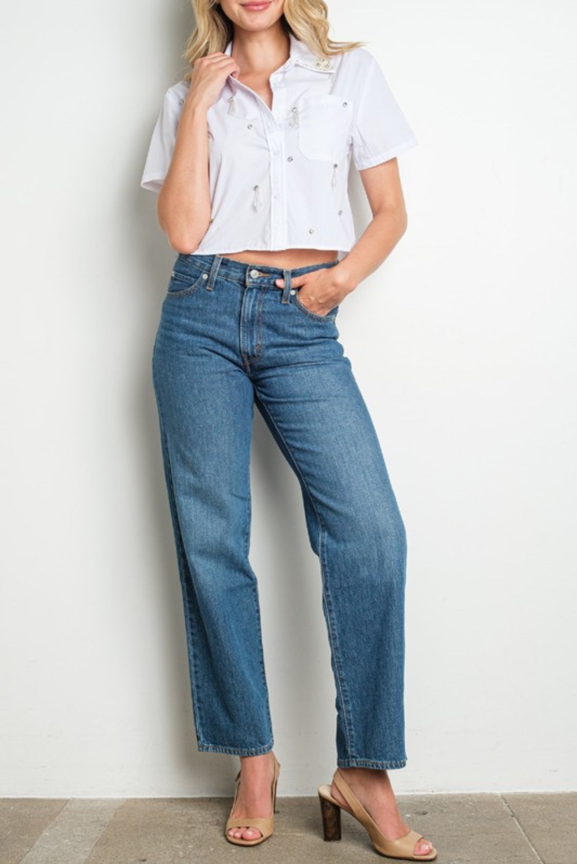 SHORT SLEEVE FAUX PEARL & RHINESTONE CROPPED TOP