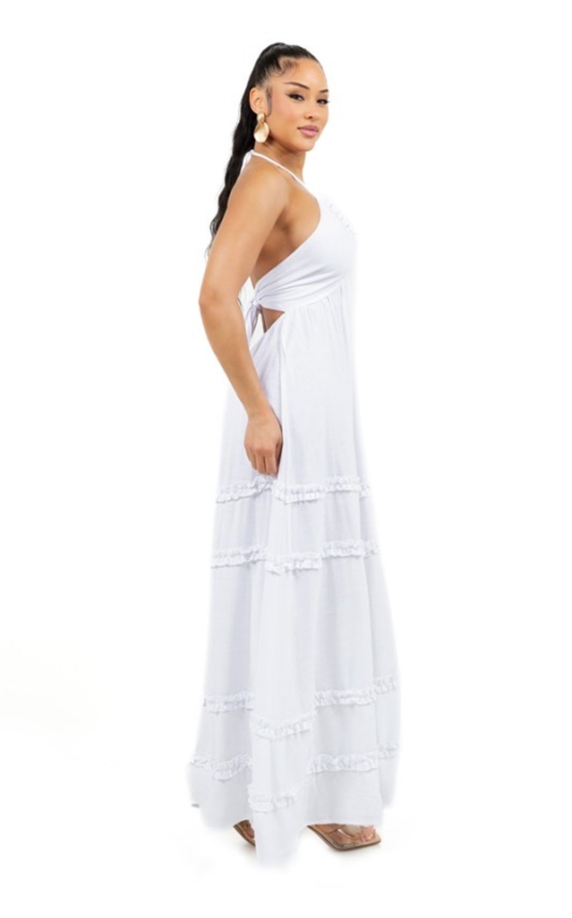 Solid ruffle halter deep v-neck maxi dress