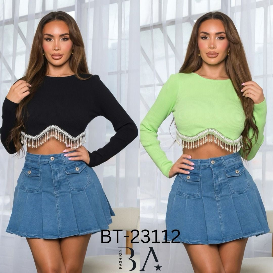 BEADED LONG SLEEVE KNIT TOP