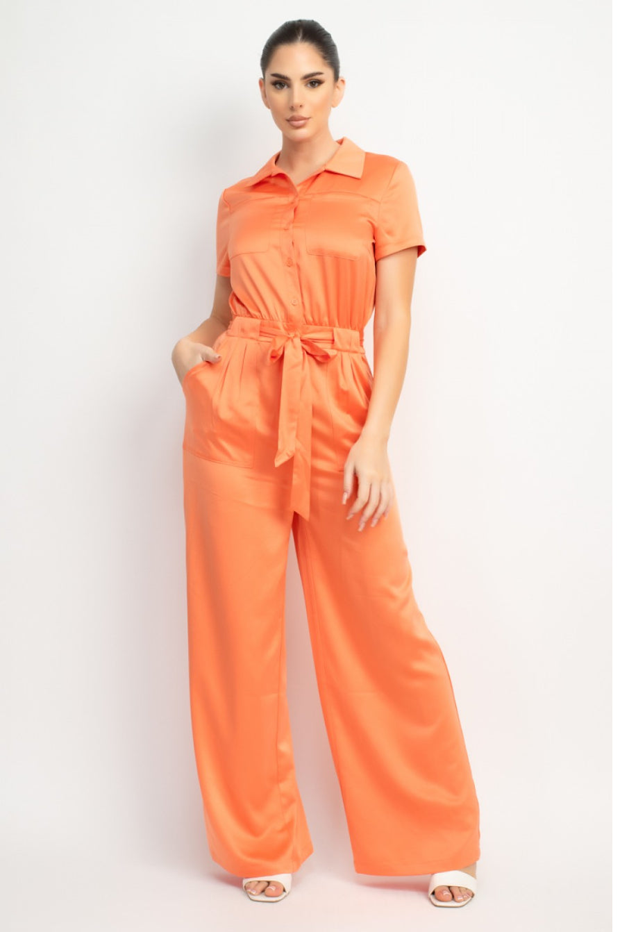 Buttoned Self-Tie Belt Jumpsuit