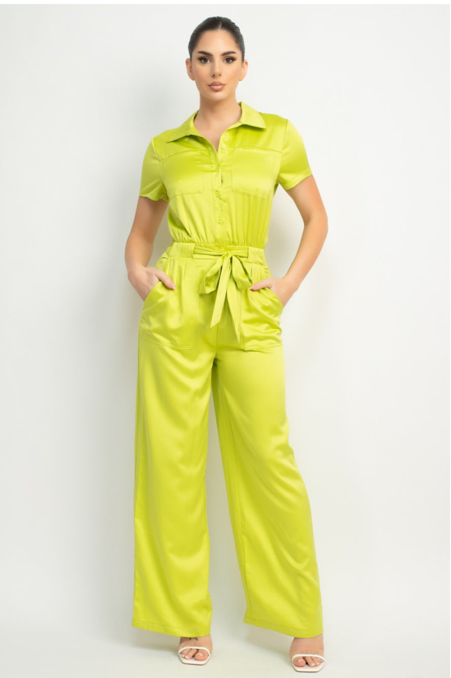 Buttoned Self-Tie Belt Jumpsuit