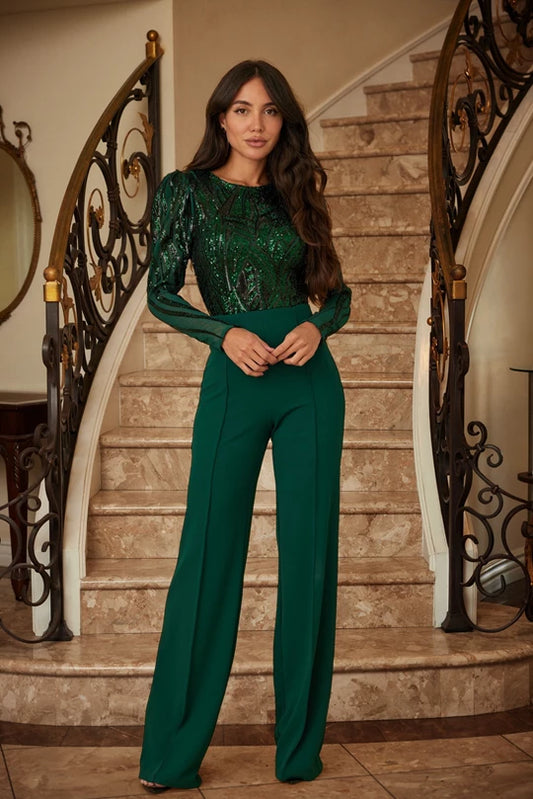 SEQUIN MESH PATTERN LONG SLEEVE JUMPSUIT