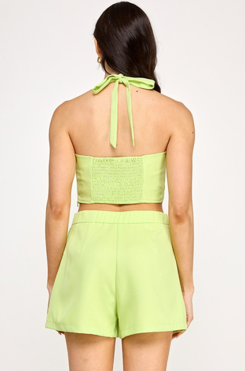 Halter Neck Beads Detail Pleated Top With Short Set