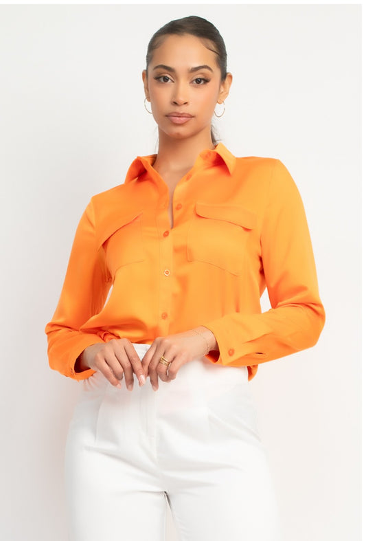 Satin Button-Front Polo Blouse