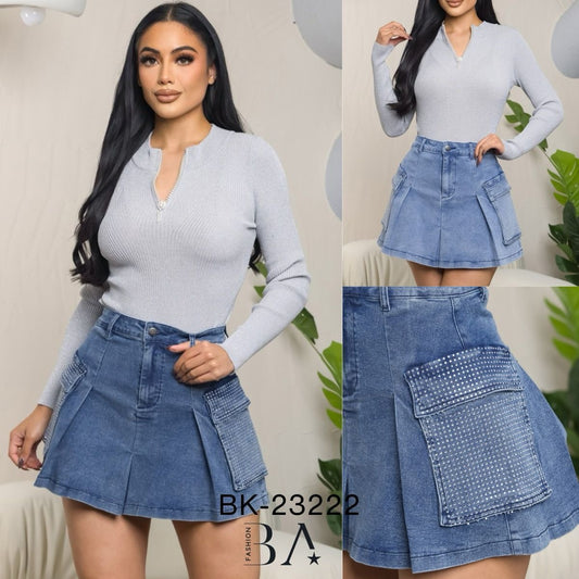 DENIM CIRCLE SKIRT WITH RHINESTONE