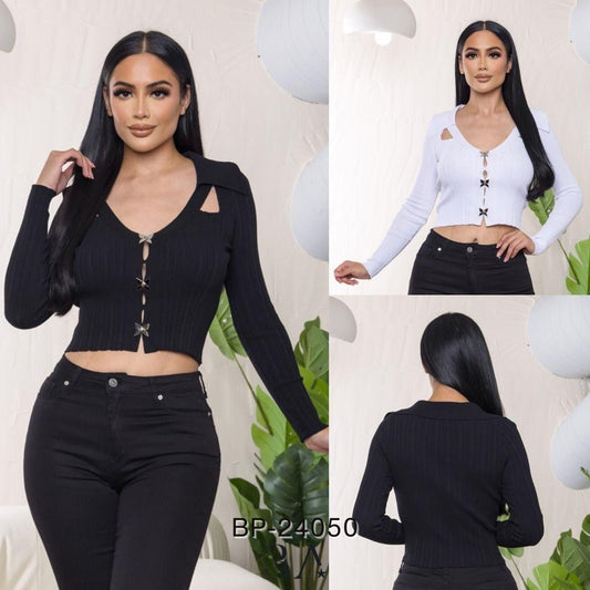 COLLAR NECK LONG SLEEVE TOP CUT OUT WHIT BUTTERFLY