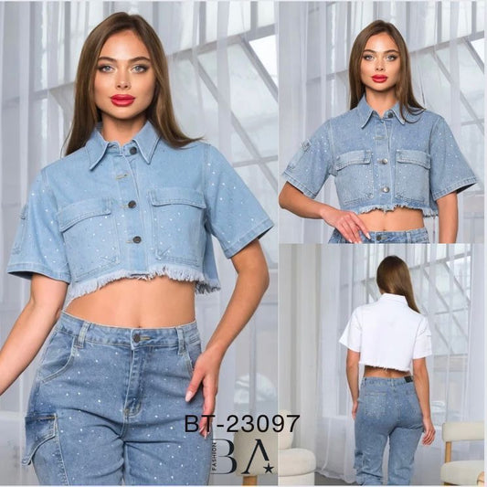 CARGO SHORT SLEEVE DENIM CROP TOP