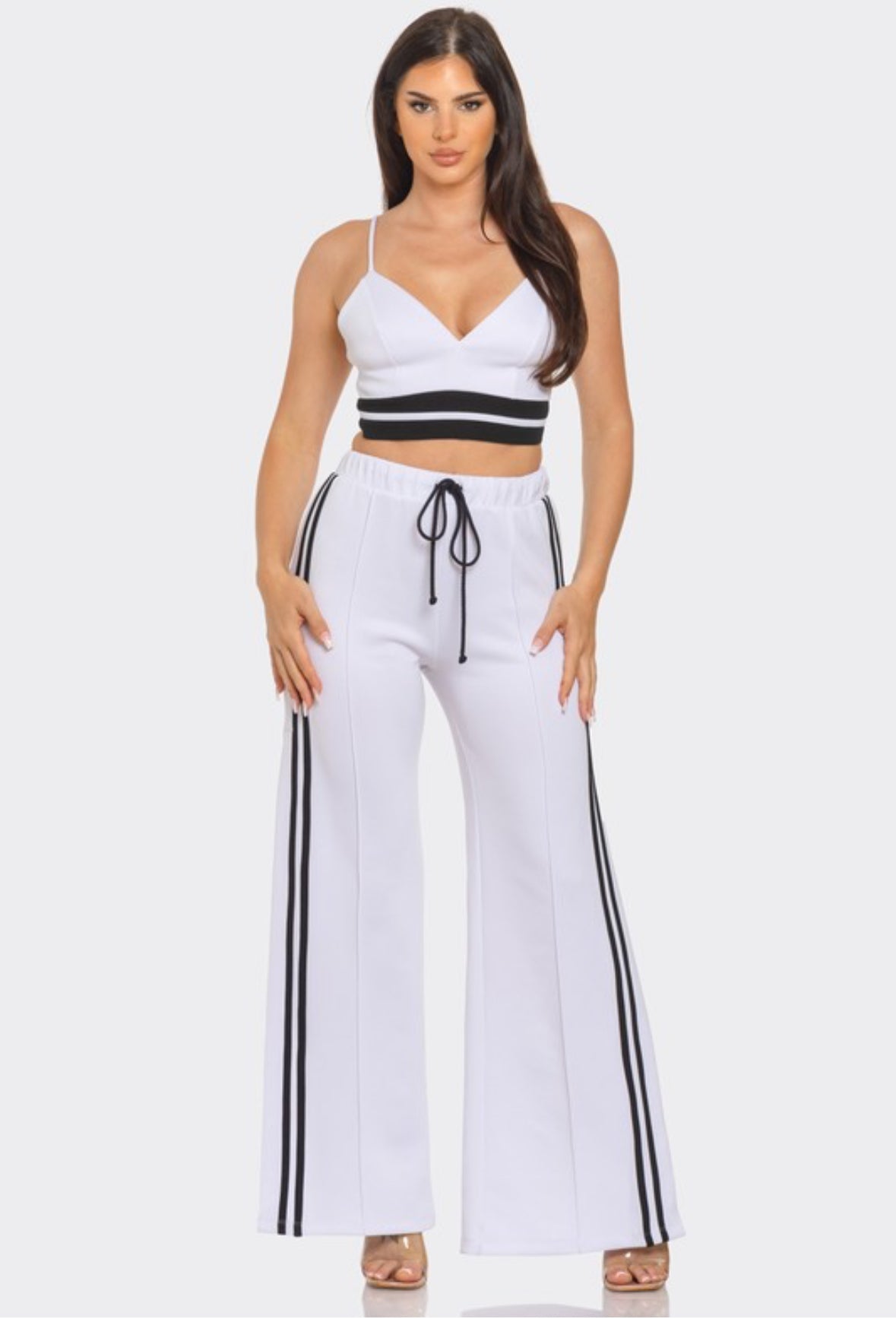 FRONT BOTTOM STRIPE BRA TOP AND FLARE PANTS SET