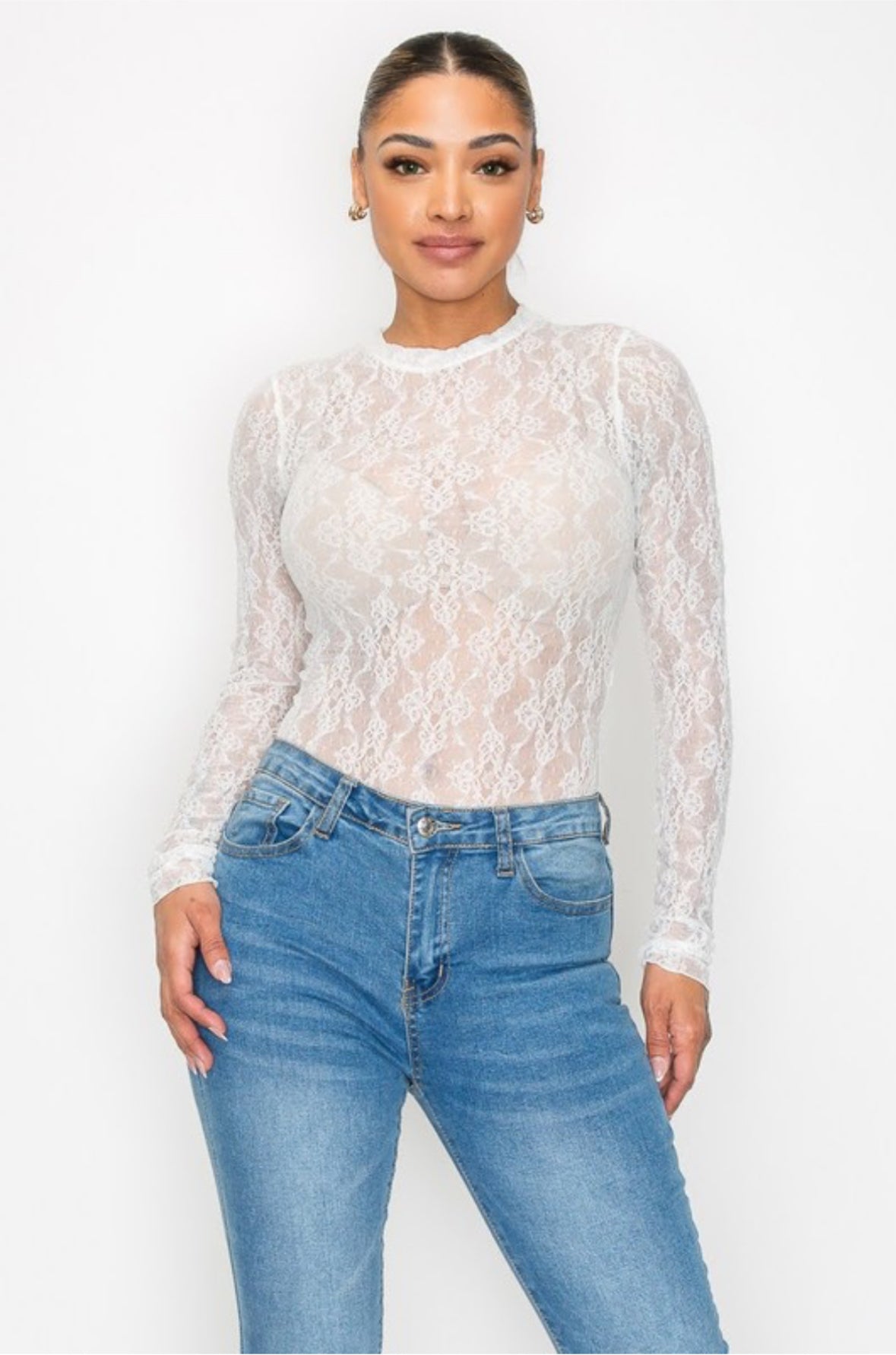 LACE LONG SLEEVE SHEERED ROUND NECK BODYSUIT