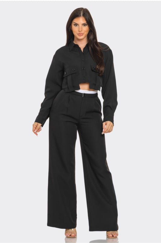 BUTTON DOWN OVERSIZED POCKETS TOP & PANTS SET