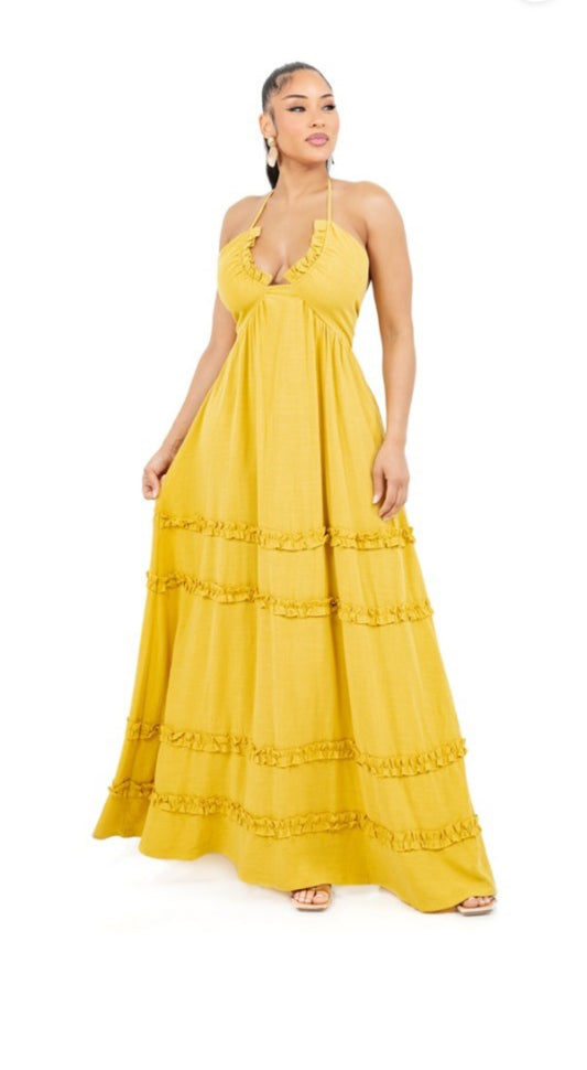 Solid ruffle halter deep v-neck maxi dress