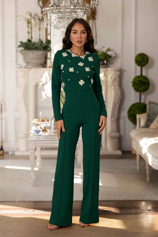 ALL AROUND STONE EMMBED LONG SLEEVE JUMPSUIT