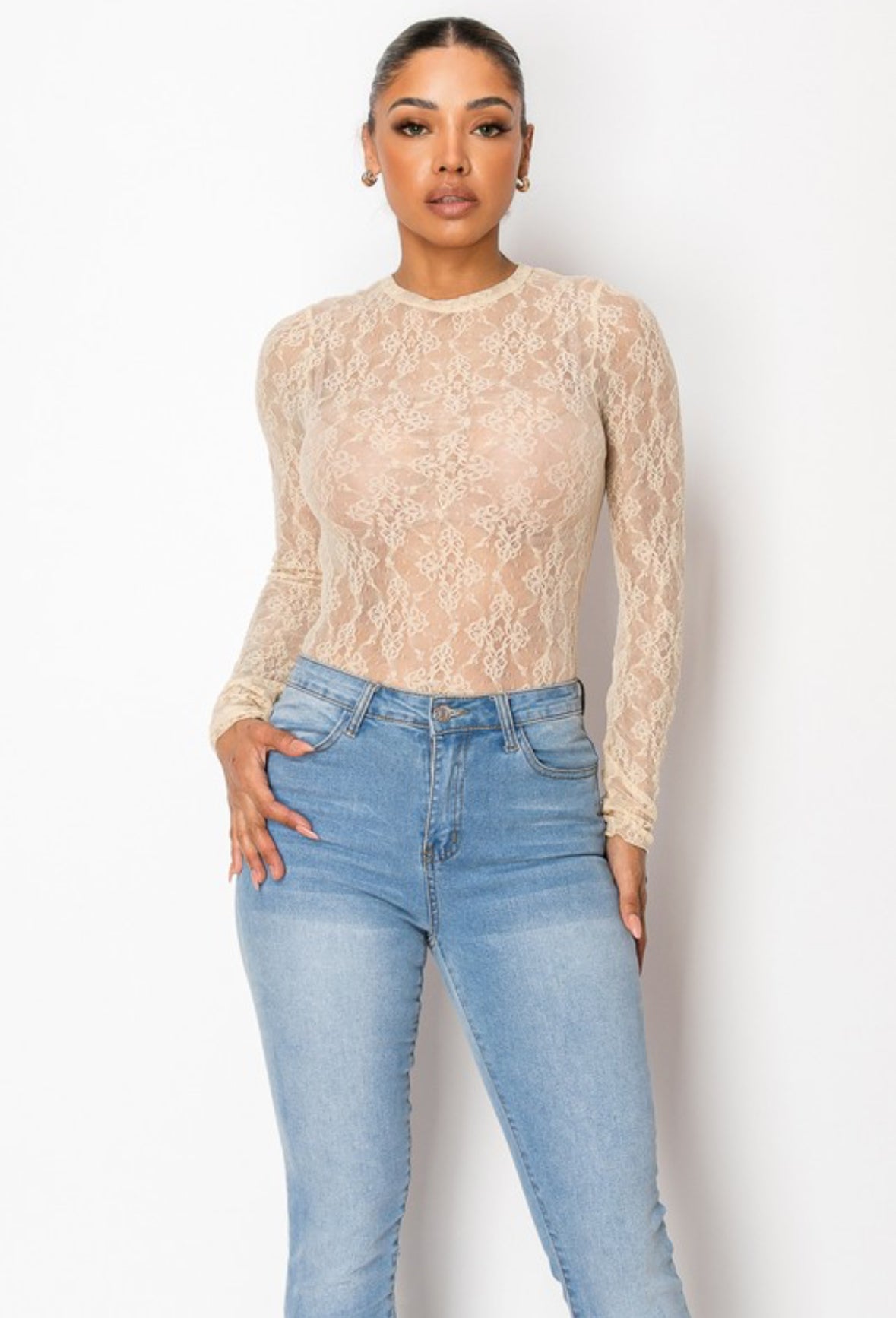 LACE LONG SLEEVE SHEERED ROUND NECK BODYSUIT