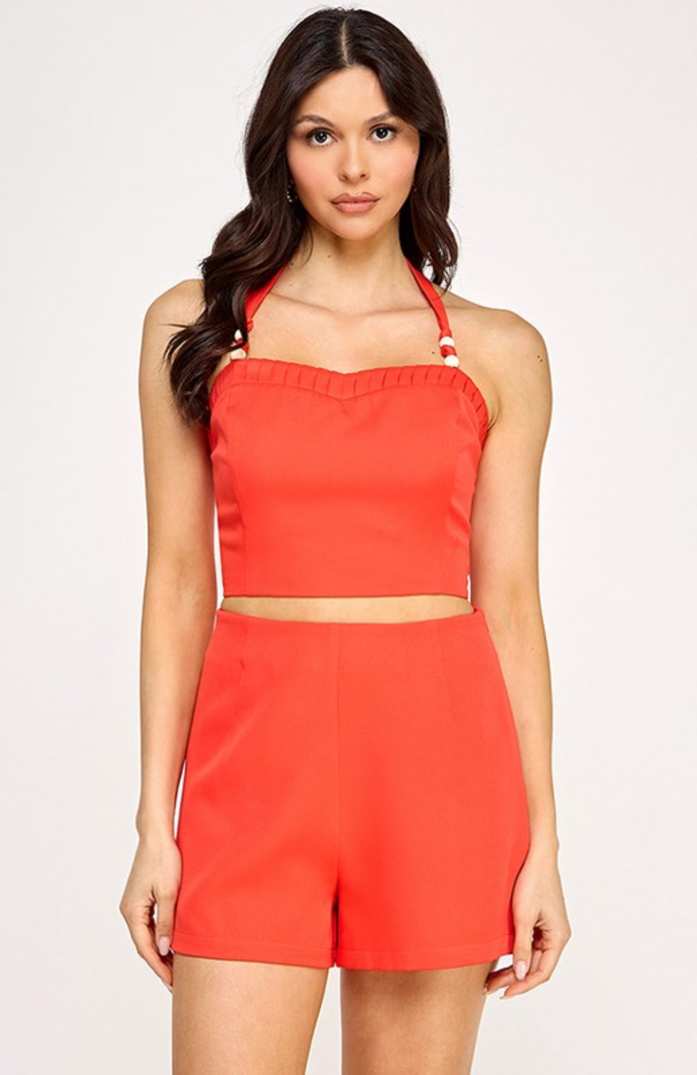 Halter Neck Beads Detail Pleated Top With Short Set