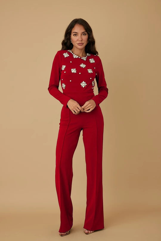 ALL AROUND STONE EMMBED LONG SLEEVE JUMPSUIT